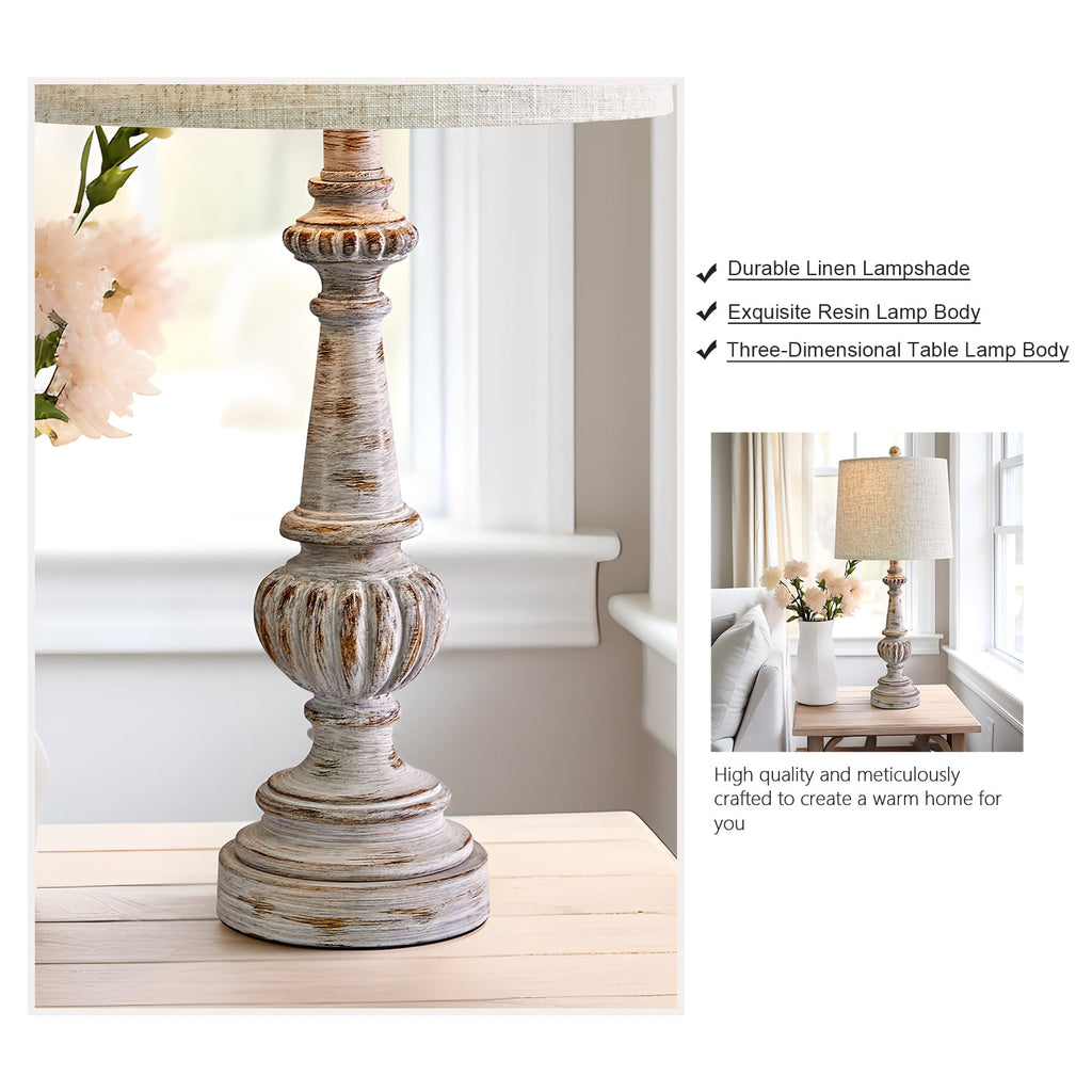 Oneach Rustic Table Lamp Set of 2 for Bedroom Living Room 24.5" Farmhouse Resin Bedside Nightstands Lamps with Linen Drum Shade