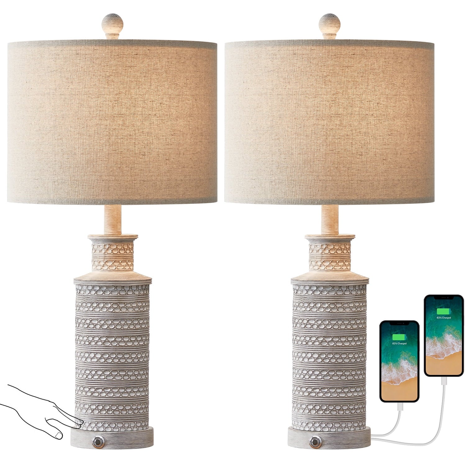 Oneach 3 Way Dimmable Table Lamp Set of 2 with USB Ports for Bedroom Living Room 24.5" Vintage Rustic Farmhouse Touch Control Nightstand Bedside Lamps Resin (Bulbs)