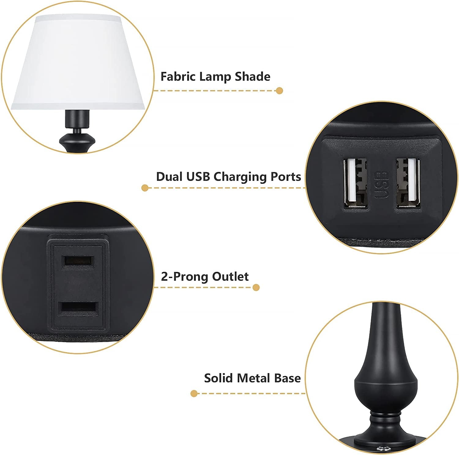Oumilen Set of 2 Touch Sensor Touch Control Table Lamp, with 2 USB Charging Port, Black