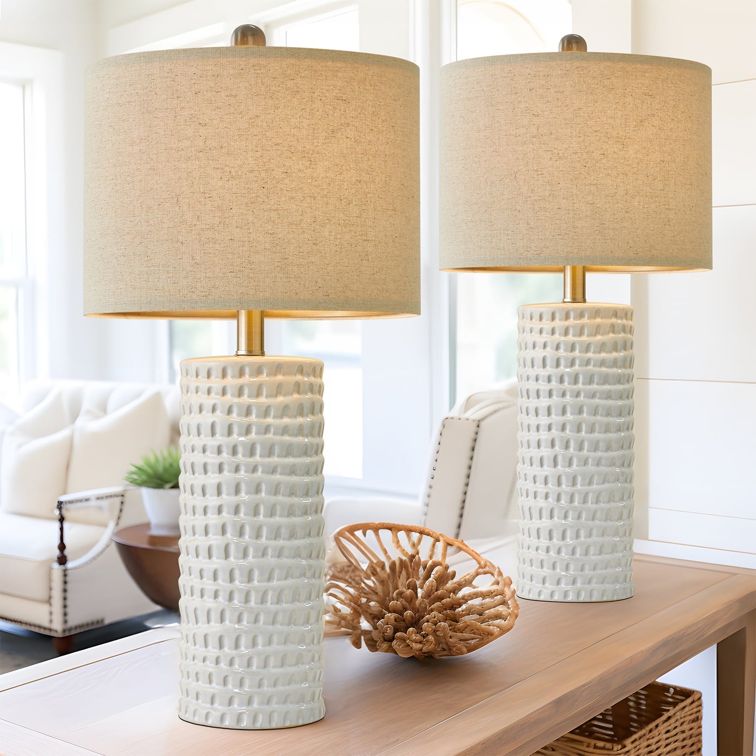 Oneach Ceramic Table Lamps Set of 2 for Living Room Bedroom Study 24.5" Modern White Bedside Nightstand Lamp