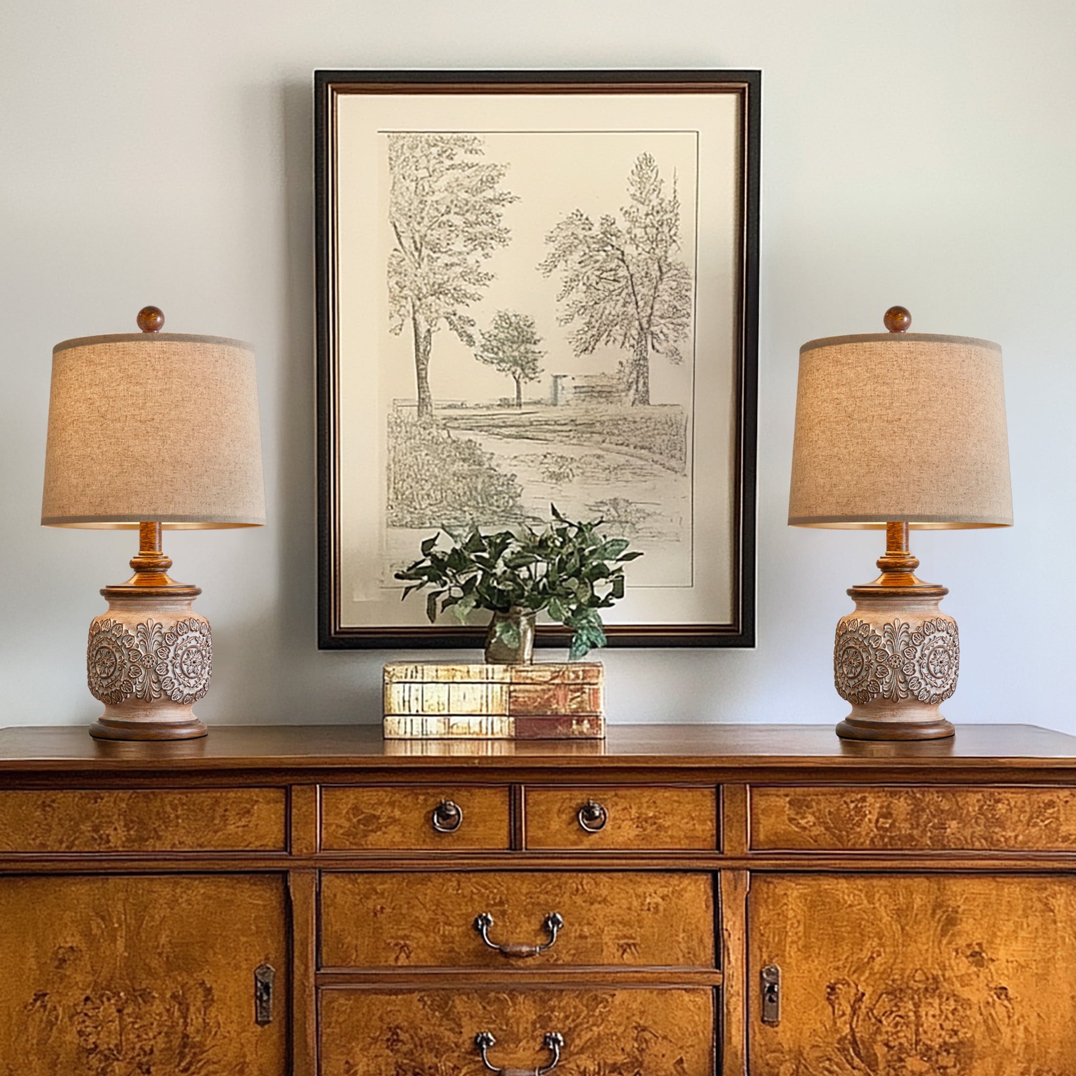 Oneach Vintage Table Lamps Bedside Lamp Set of 2 for Bedroom Living Room 18.75" Retro Farmhouse Floral Nightstands Lamps Resin