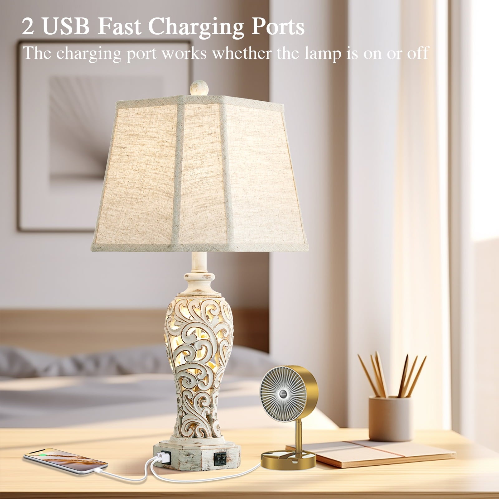 RORIA 25" Two-Piece Modern Table Lamp for Living Room Bedroom Nightstand, Country Farmhouse Vintage Bedside Lamp with 2 USB Charging Ports, Hollow Resin with Night Light