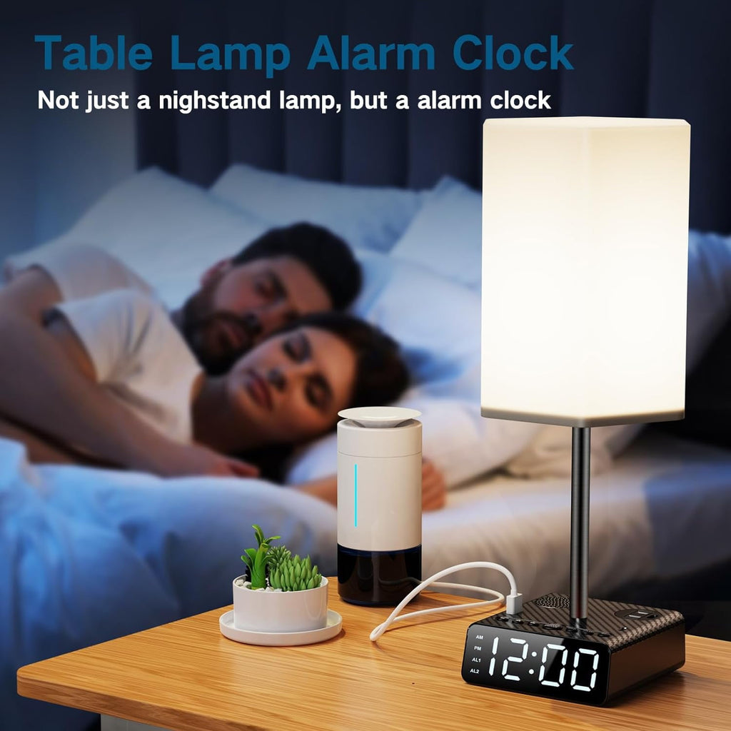 Black Alarm Clock Table Lamp, 3-way Dimmable Bedside Lamp with USB Port, Speaker and Radio - Touch Control, Suitable for Study Room, Bedroom