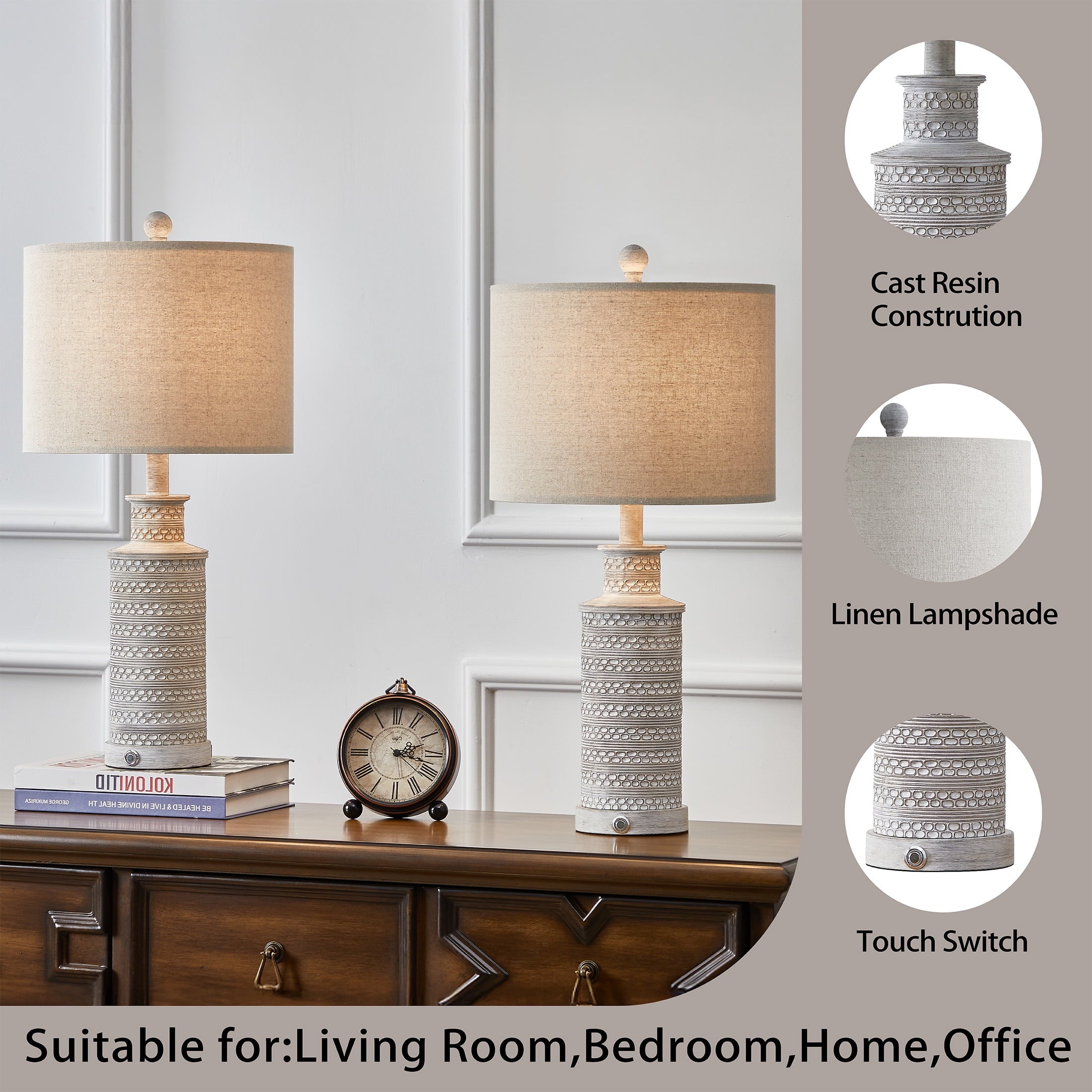 Oneach 3 Way Dimmable Table Lamp Set of 2 with USB Ports for Bedroom Living Room 24.5" Vintage Rustic Farmhouse Touch Control Nightstand Bedside Lamps Resin (Bulbs)