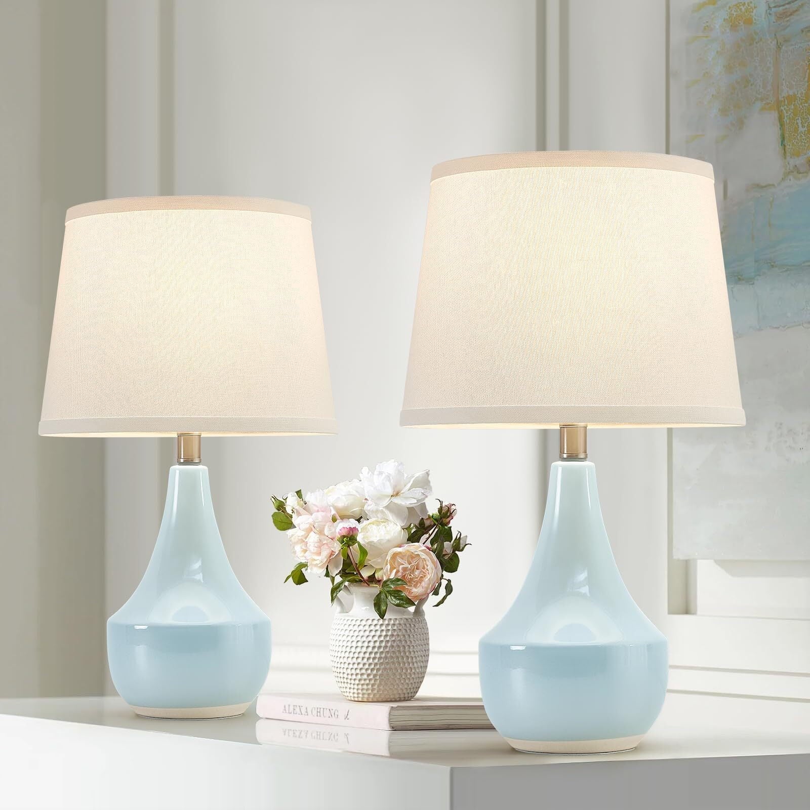NATYSWAN Table Lamp Set of 2, Ceramic Table Lamp Classic Beside Lamps Nightstand Lamp Modern Table Lamp for Living Room, Bedroom & Office Rocker Swtich Sky Blue-LED Bulbs Included