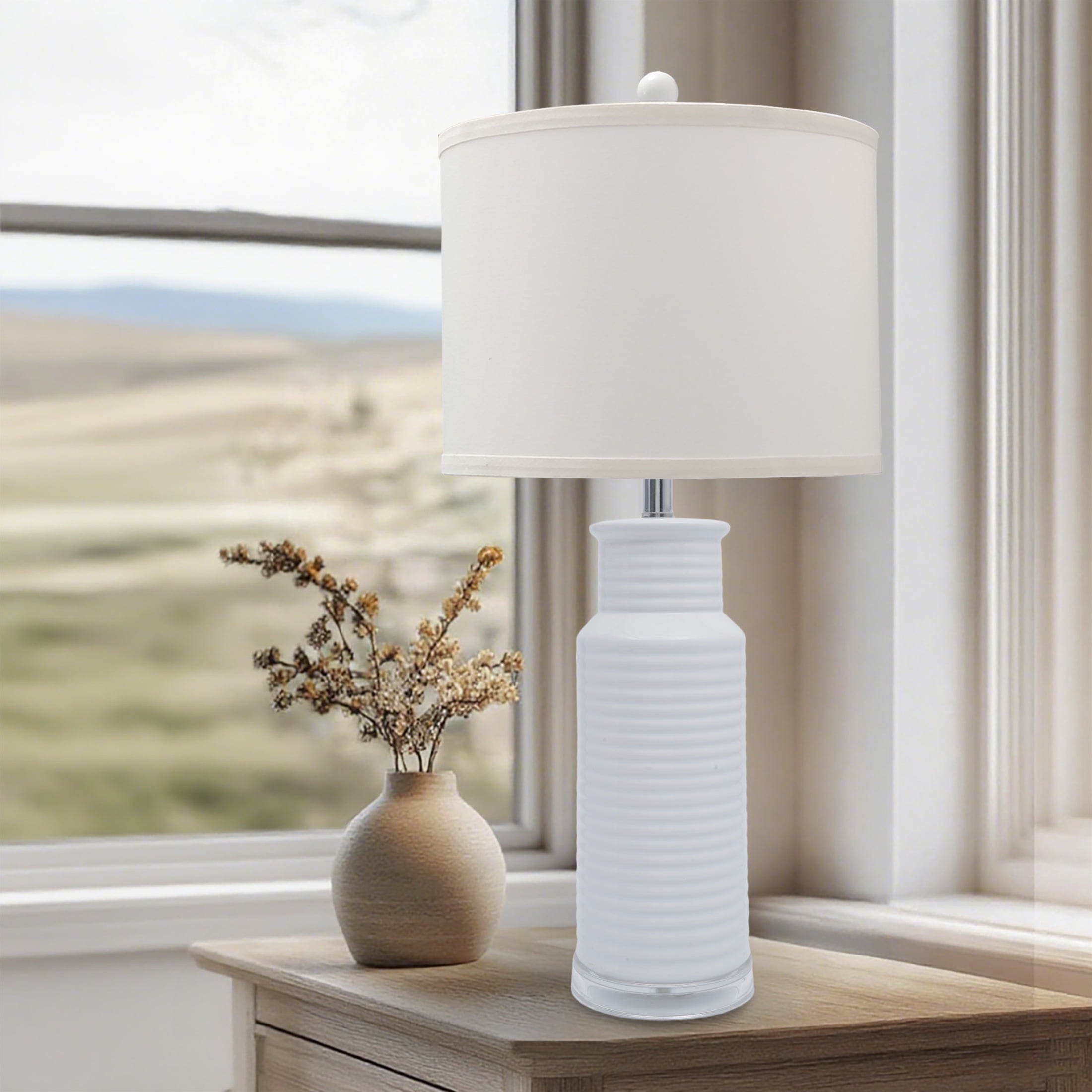 Tnuyoah Modern Table Lamps Set of 2, Living Room Retro White Ceramic Lamp - 28'' Farmhouse Beside Nightstand Lamps for Bedroom with Fabric Shade, Rotary Switch, Bulbs Not Included