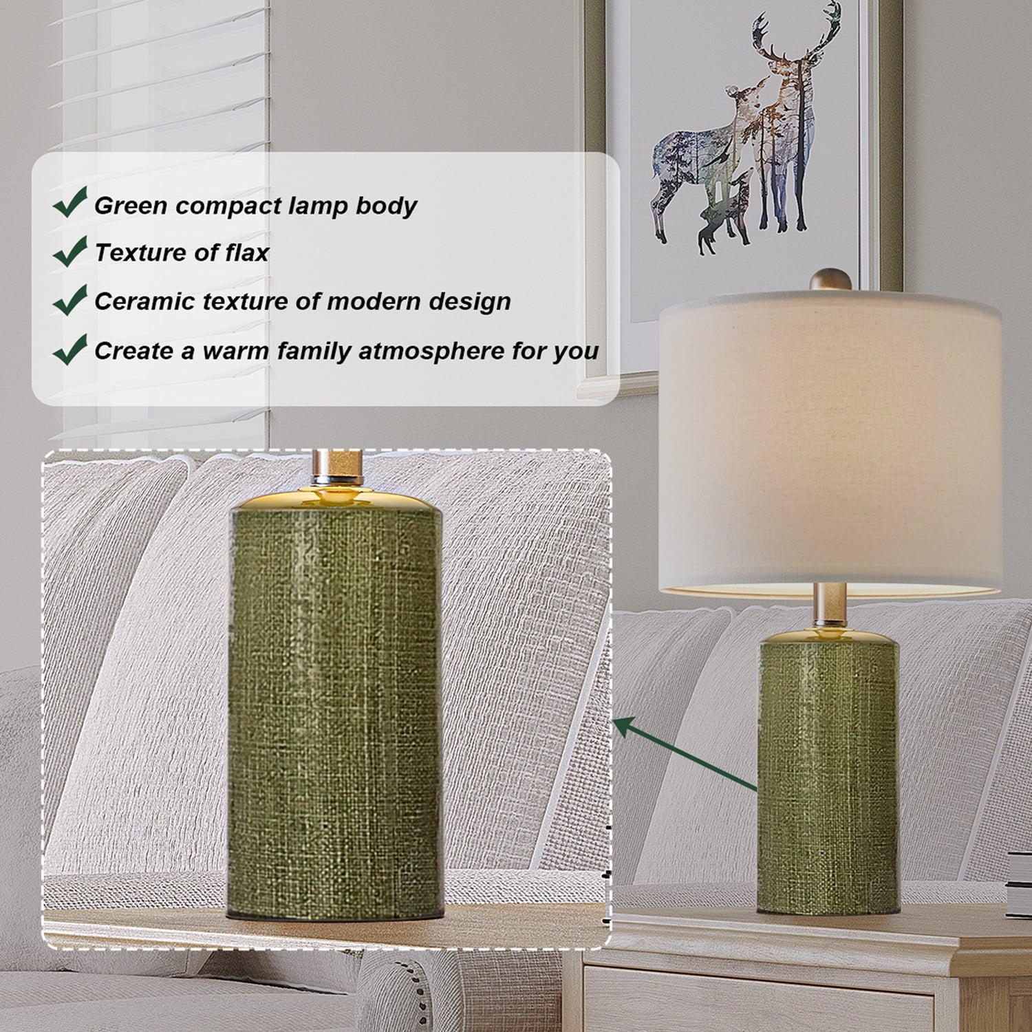 Oneach Modern Table Lamp Set of 2 for Living Room 20.25" Farmhouse Green Ceramic Bedside Nightstand Lamps for Bedroom