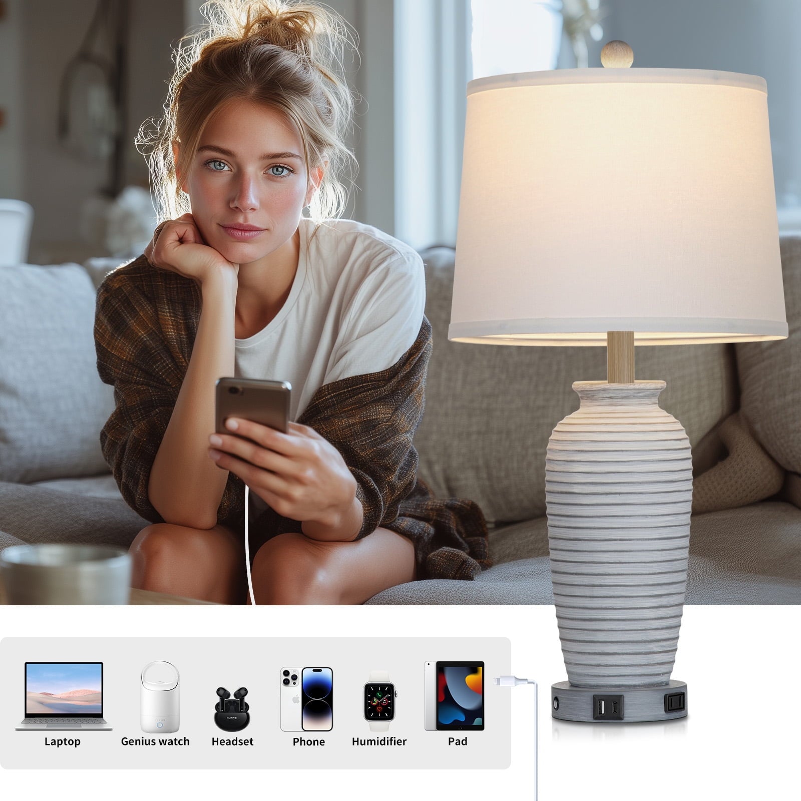 Cinkeda Farmhouse Jar Table Lamp Set of 2 with USB A+C Ports & AC Outlet, 3-Way Dimmable Touch Control, Resin for Bedroom Nightstand