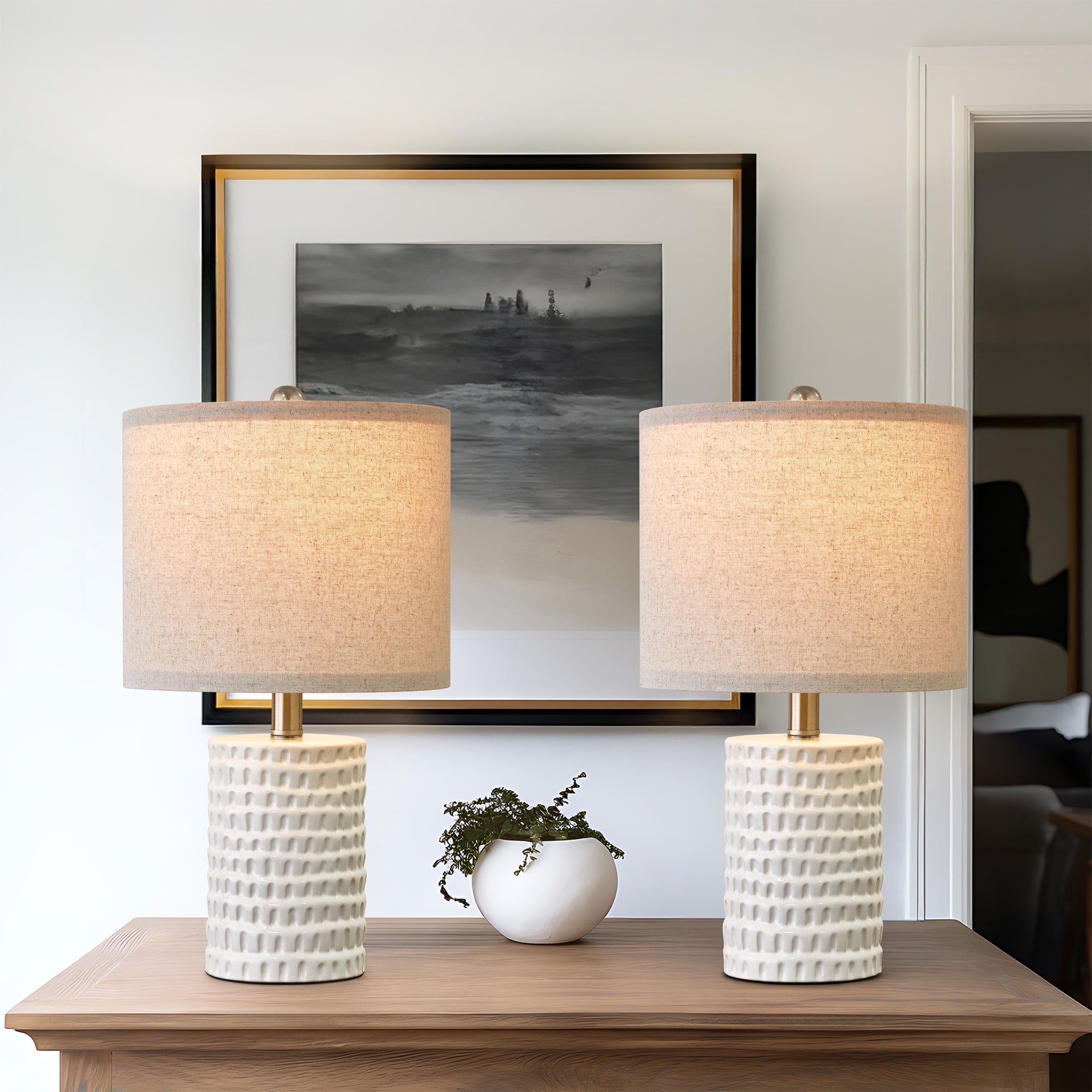 Oneach Ceramic Table Lamp Set of 2 for Living Room Bedroom 18.25" Modern White Bedside Nightstands Lamps