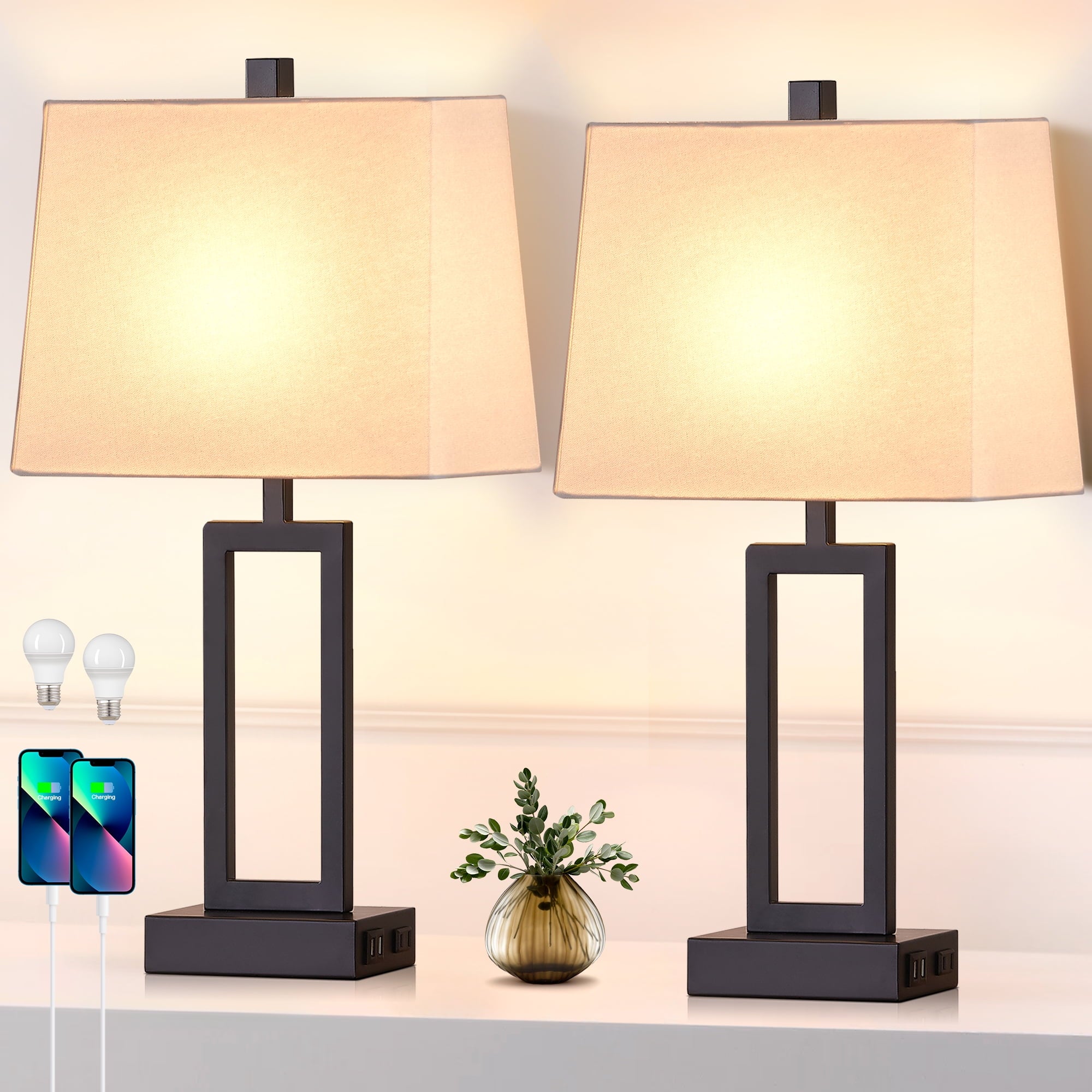 Cinkeda 3 Way Dimmable Touch Table Lamps Set of 2 with USB Ports AC Outlet 18" Modern Black Metal Bedside Nightstand Lamp for Living Room Bedroom Office