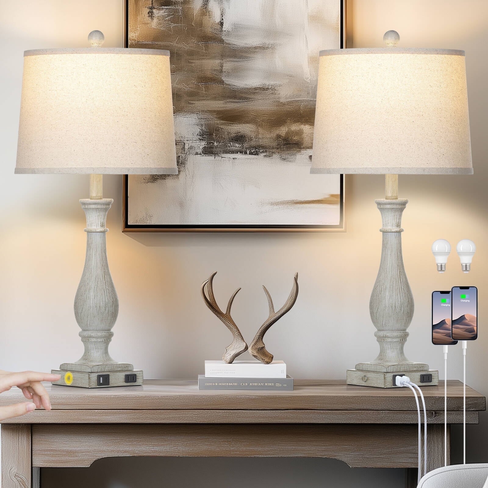 Cinkeda Table Lamp Set of 2 with 2 USB Charging Ports,3 Way Dimmable Rustic White Bedside Nightstand Lamps for Bedroom Living Room