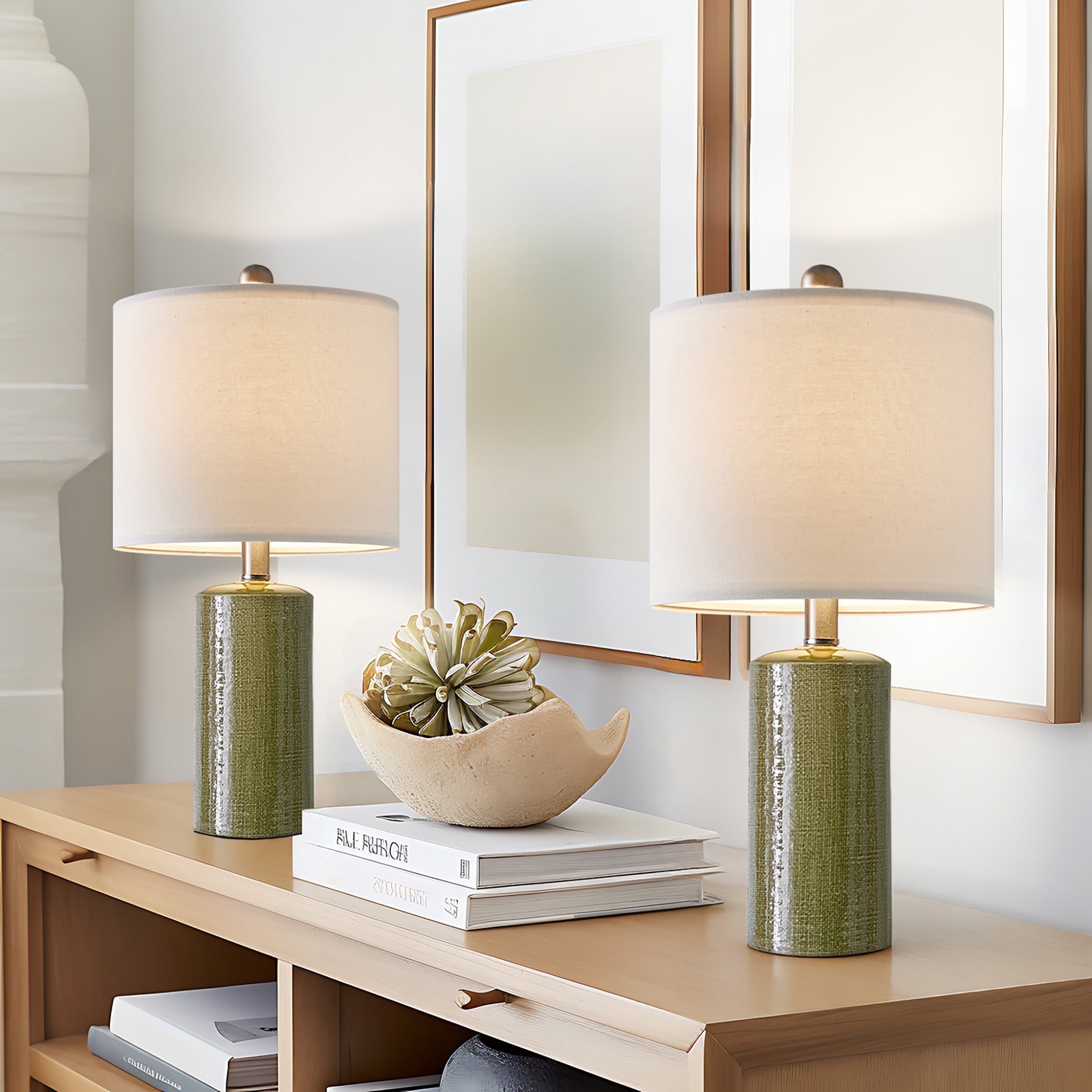 Oneach Modern Table Lamp Set of 2 for Living Room 20.25" Farmhouse Green Ceramic Bedside Nightstand Lamps for Bedroom