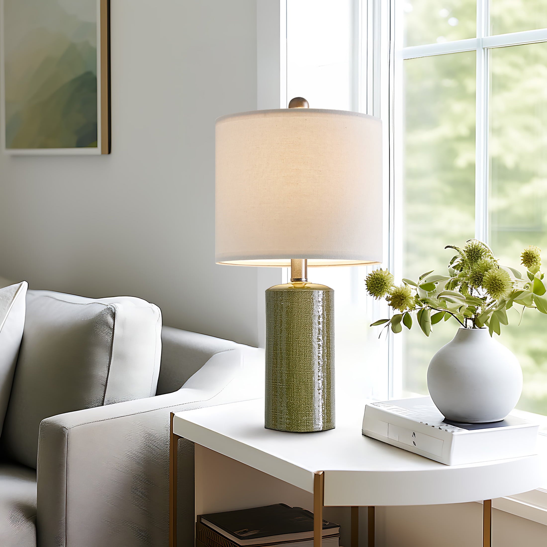 Oneach Modern Table Lamp Set of 2 for Living Room 20.25" Farmhouse Green Ceramic Bedside Nightstand Lamps for Bedroom