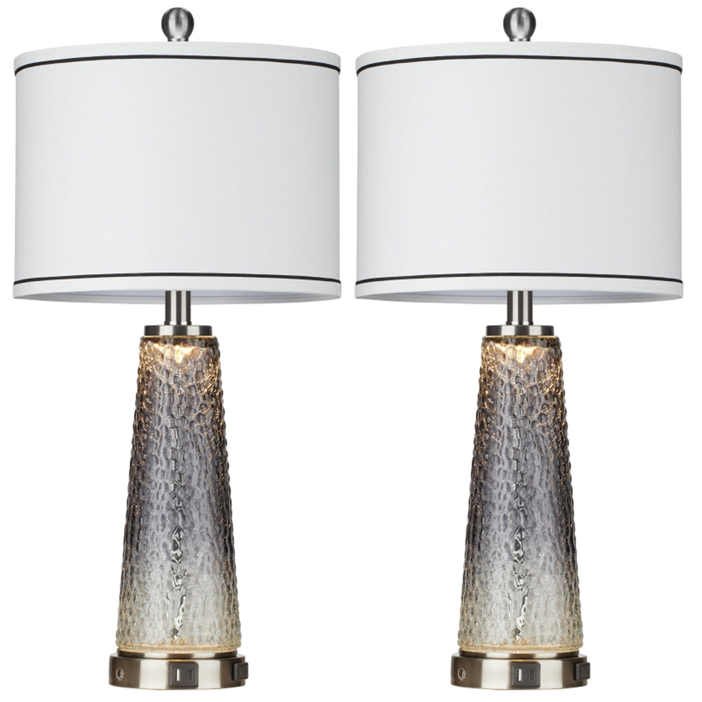 Cinkeda Modern Table Lamp Set of 2 for Bedroom Living Room with USB A+C Ports AC Outlet Gradient Grey Glass Nightlight Nightstand Bedside Lamps