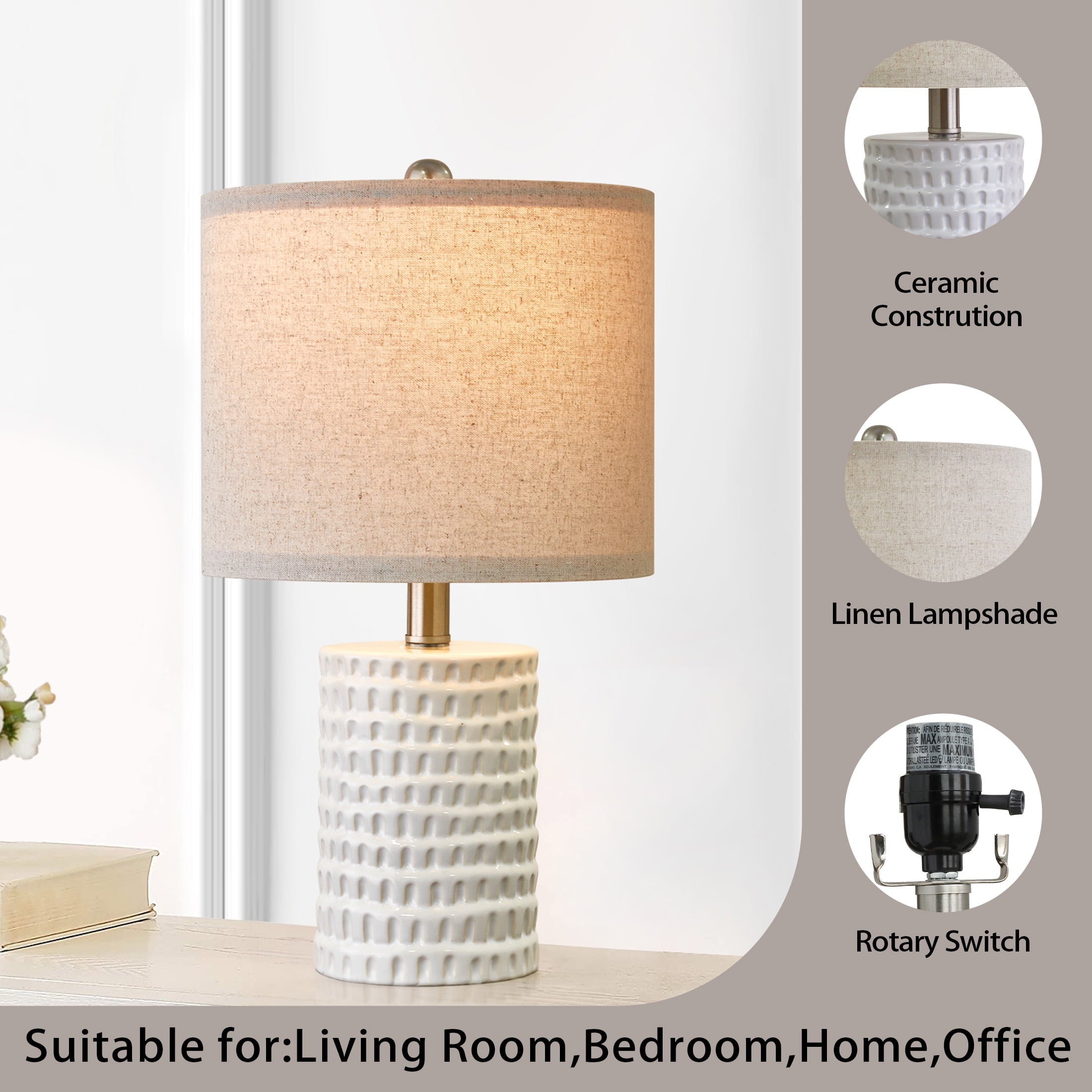 Oneach Ceramic Table Lamp Set of 2 for Living Room Bedroom 18.25" Modern White Bedside Nightstands Lamps