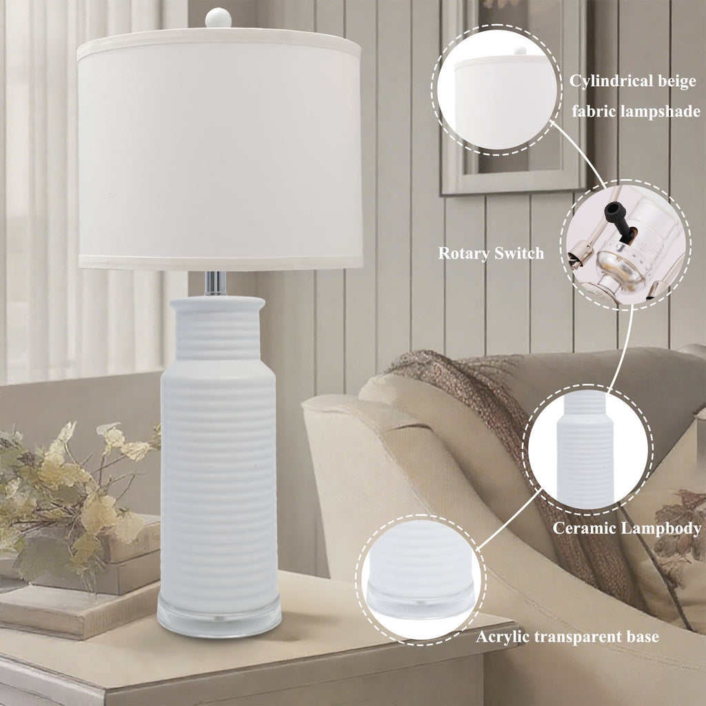 Tnuyoah Modern Table Lamps Set of 2, Living Room Retro White Ceramic Lamp - 28'' Farmhouse Beside Nightstand Lamps for Bedroom with Fabric Shade, Rotary Switch, Bulbs Not Included
