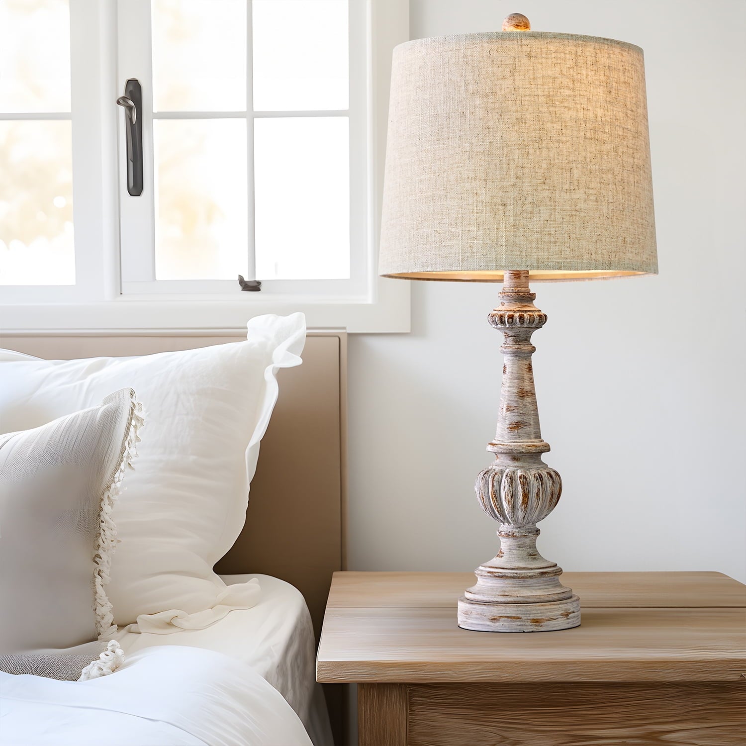 Oneach Rustic Table Lamp Set of 2 for Bedroom Living Room 24.5" Farmhouse Resin Bedside Nightstands Lamps with Linen Drum Shade