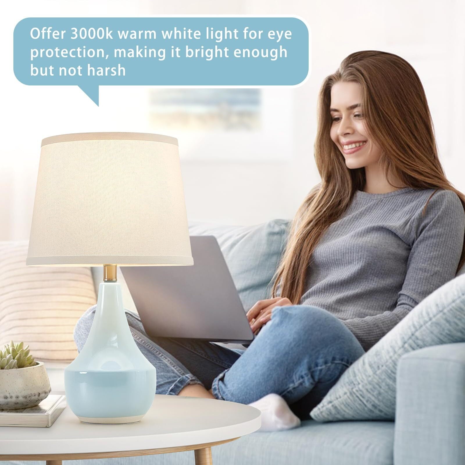 NATYSWAN Table Lamp Set of 2, Ceramic Table Lamp Classic Beside Lamps Nightstand Lamp Modern Table Lamp for Living Room, Bedroom & Office Rocker Swtich Sky Blue-LED Bulbs Included