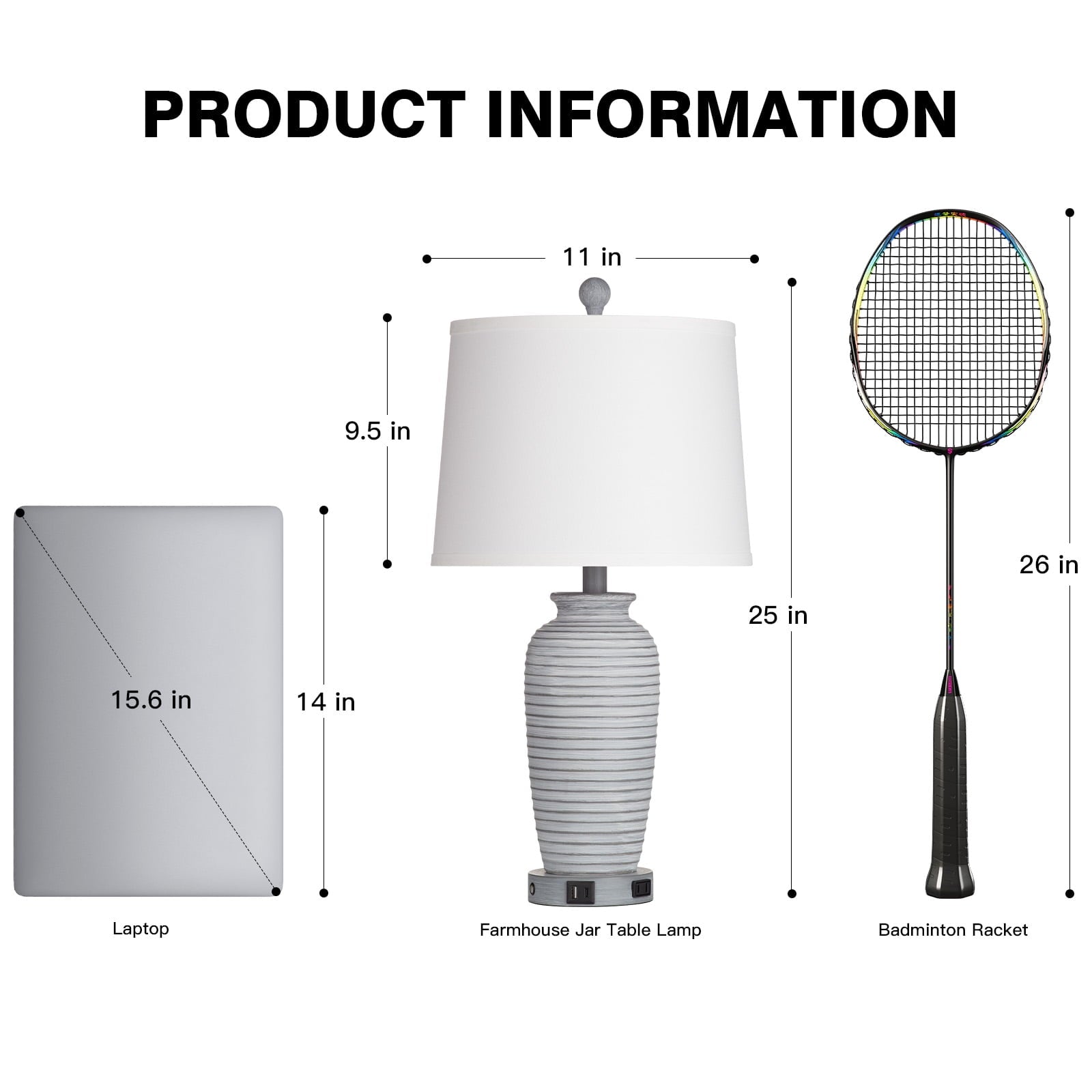 Cinkeda Farmhouse Jar Table Lamp Set of 2 with USB A+C Ports & AC Outlet, 3-Way Dimmable Touch Control, Resin for Bedroom Nightstand