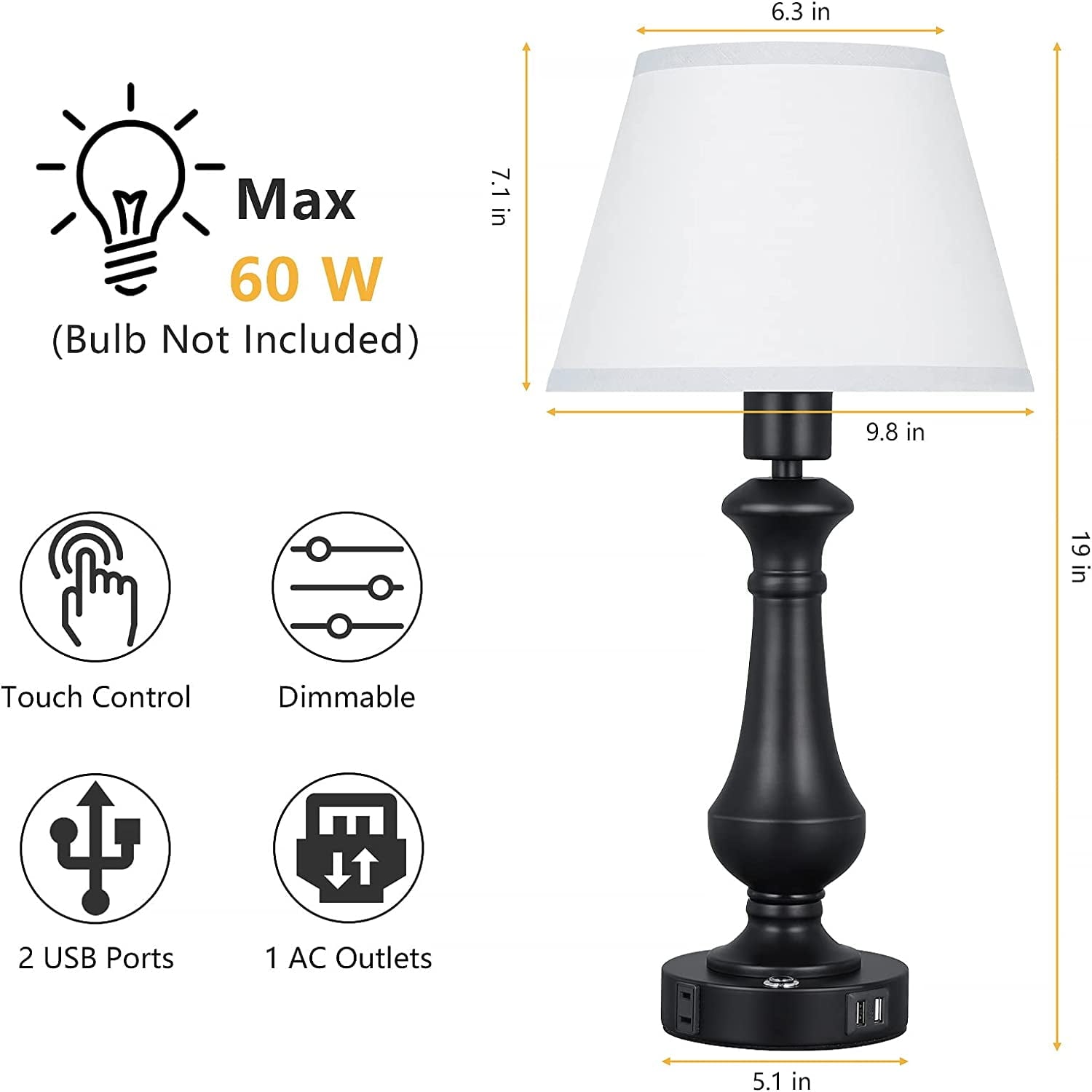 Oumilen Set of 2 Touch Sensor Touch Control Table Lamp, with 2 USB Charging Port, Black