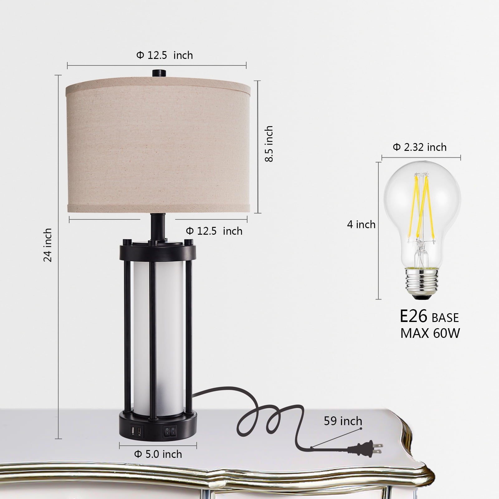 RORIA 24” Modern Living Room Table Lamp Set of 2 with 2 USB charging ports, built-in frosted white glass with night light, black retro country farmhouse lamp, perfect for bedroom bedside lamps