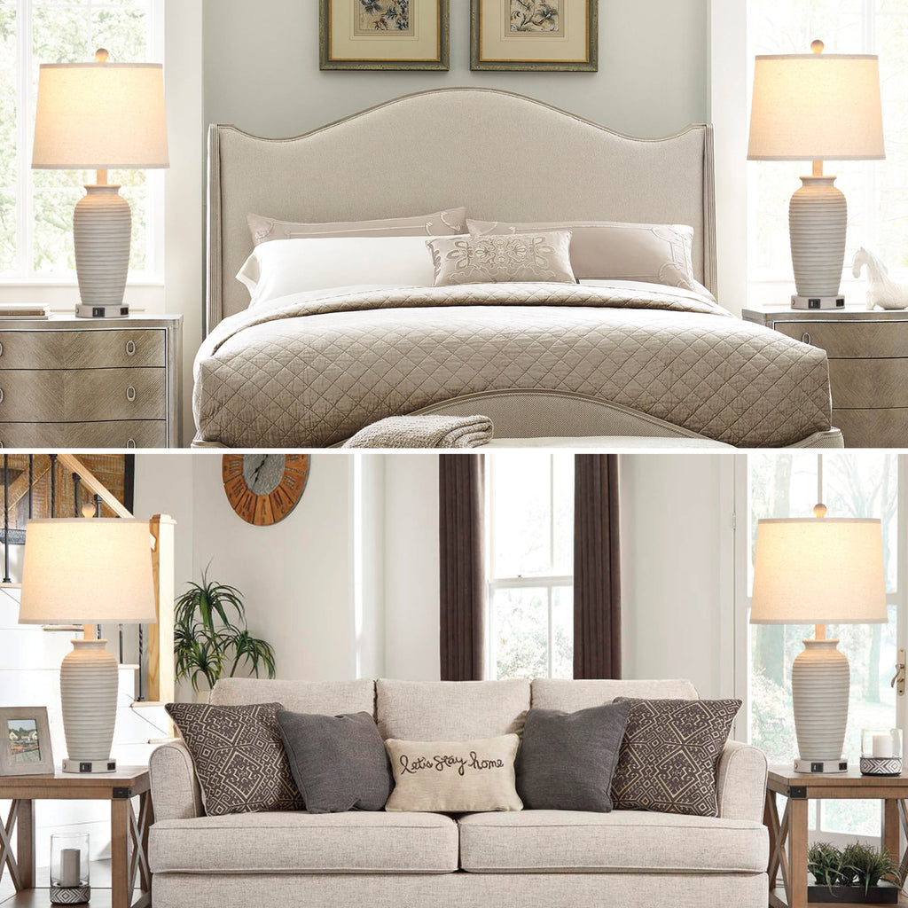 Cinkeda 25" Farmhouse Jar Table Lamps for Living Room Bedroom Set of 2 with USB A+C Ports AC Outlet 3 Way Dimmable Touch Control Resin Bedside Nightstand Lamp